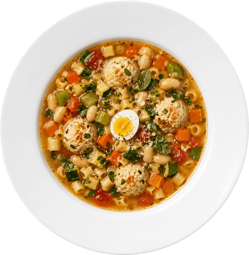 MINESTRONE Z DROBIOWYMI TIFTELAMI <br/> & PRZEPIÓRCZYM JAJKIEM