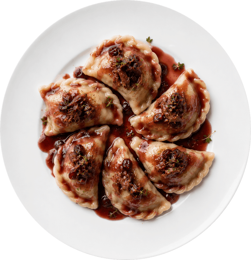 PIEROGI Z SZARPANĄ KACZKĄ I WINNĄ GLAZURĄ