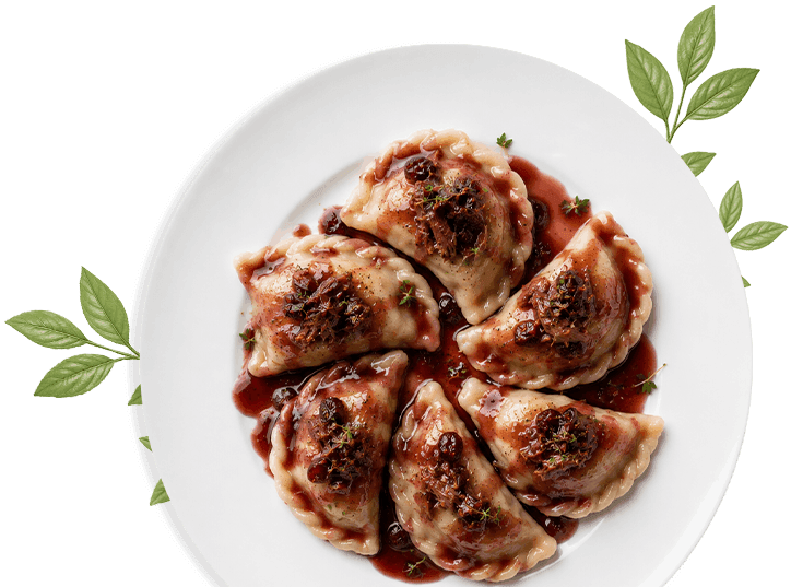 PIEROGI Z SZARPANĄ KACZKĄ I WINNĄ GLAZURĄ